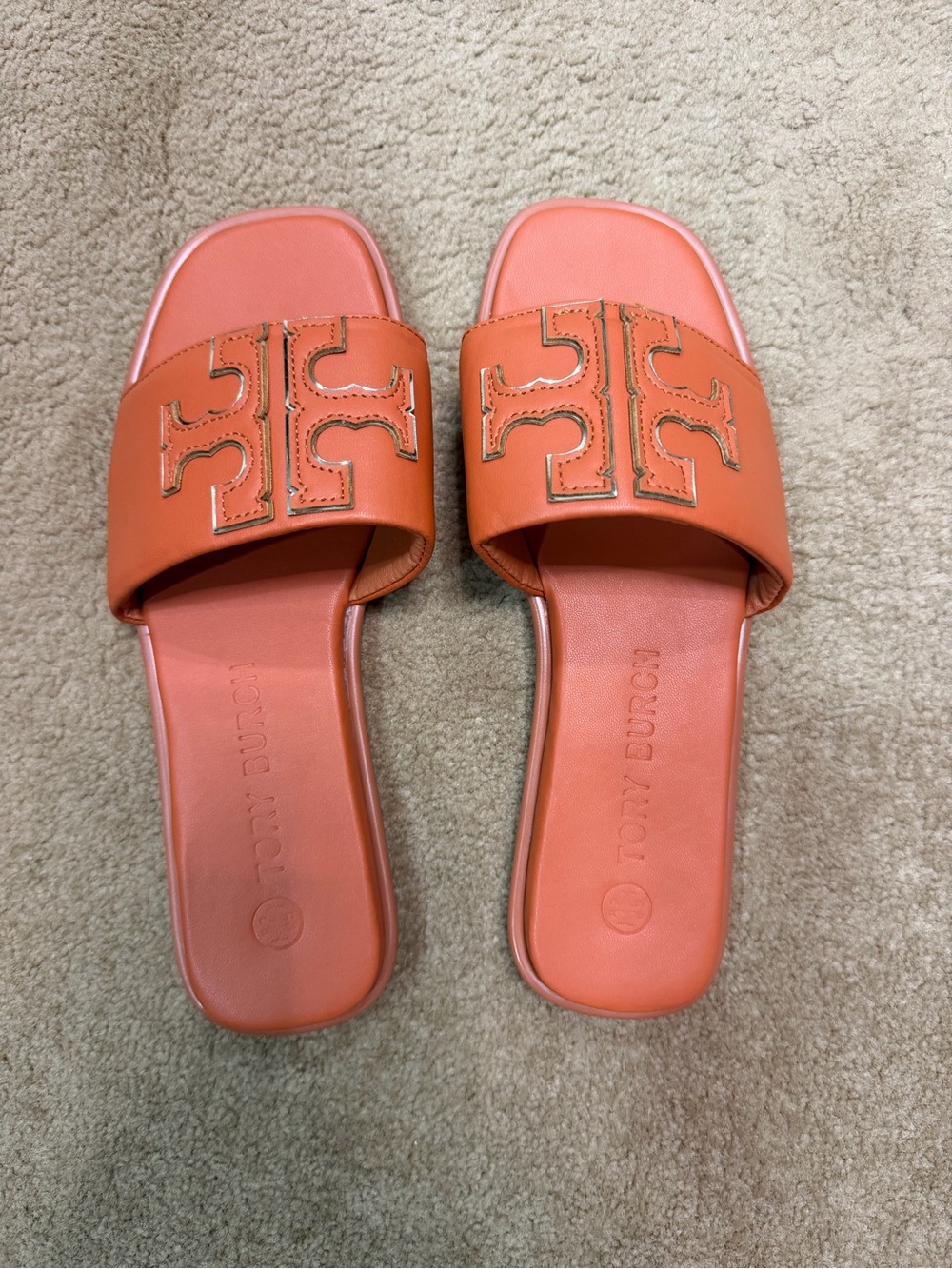 Tory Burch Coral Orange Logo Slide Sandals